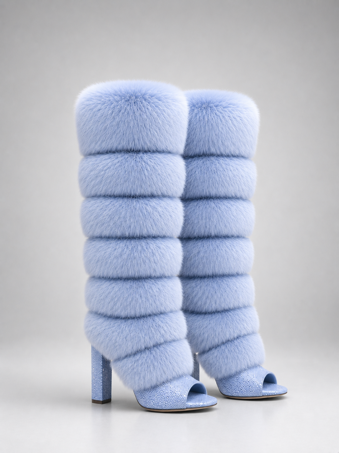 Light blue fur knee-high boots on a gray background